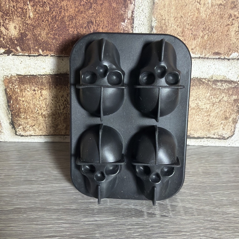 Skull Ice Cube Mold Tray - Black Flexible Silicone 4-Hole 4 x 3.5 in Halloween